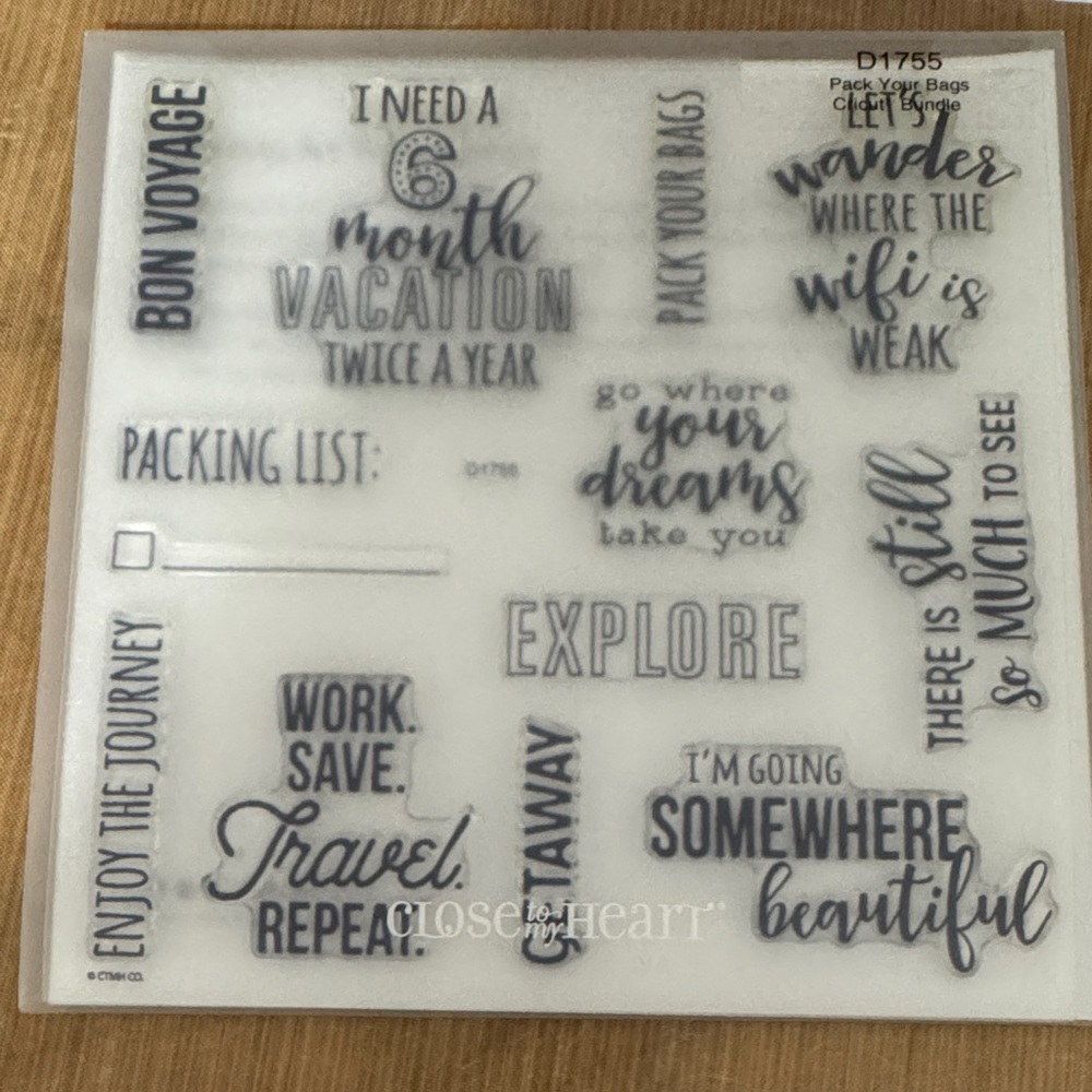 Travel Sentiments Clear Stamp Set - Gray Script and Block Phrases